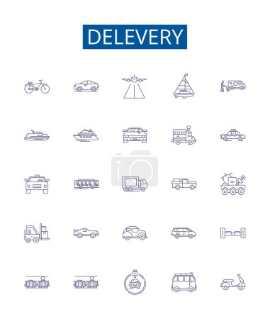 Illustration for Delevery line icons signs set. Design collection of Dispatch, Delivery, Postage, Freight, Mailing, Dispatching, Shipping, Transmit outline vector concept illustrations - Royalty Free Image