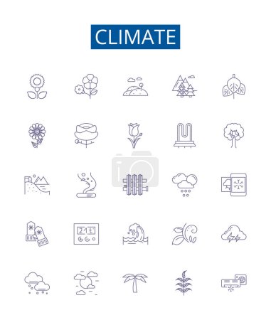 Ilustración de Línea climática iconos signos establecidos. Colección de diseño de Clima, Temperatura, Nubes, Humedad, Clima, Lluvias, Cambio climático, Ilustraciones de concepto de vector de contorno de viento - Imagen libre de derechos