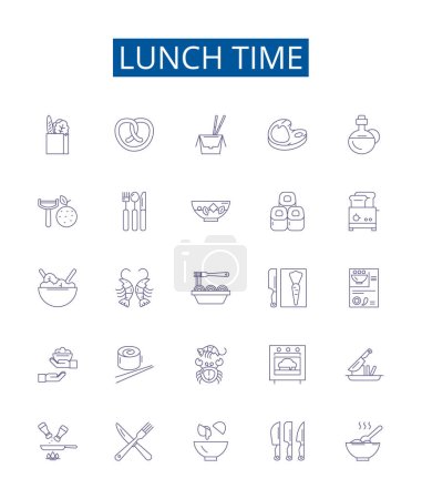 Ilustración de Almuerzo línea de tiempo iconos signos establecidos. Diseño de la colección de la hora de la comida, Almuerzo, Comer, Comer, Descanso, Descanso, Repast, Nosh esquema concepto de vectores ilustraciones - Imagen libre de derechos