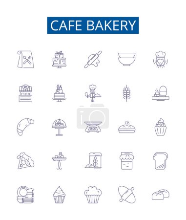 Illustration for Cafe bakery line icons signs set. Design collection of Cafe, Bakery, Coffee, Pastries, Cupcakes, Cookies, Breads, Cakes outline vector concept illustrations - Royalty Free Image