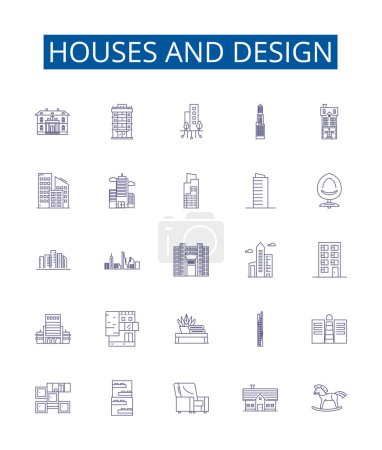 Illustration for Houses and design line icons signs set. Design collection of Architecture, Structures, Interiors, Planning, Estates, Dwellings, Plans, Style outline vector concept illustrations - Royalty Free Image