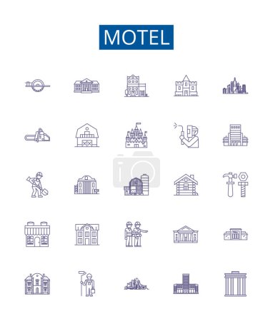 Illustration for Motel line icons signs set. Design collection of Lodging, Inn, Stopover, Hostel, Resort, Accommodation, Overnight, Rest outline vector concept illustrations - Royalty Free Image