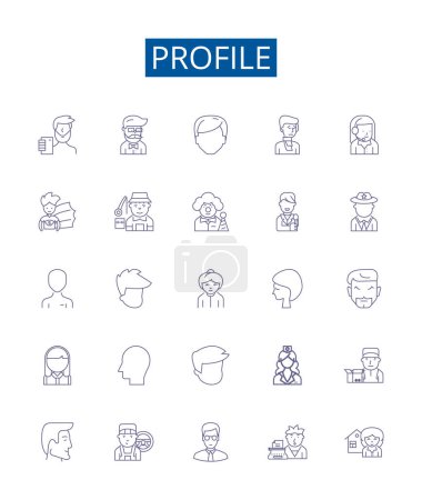 Illustration for Profile line icons signs set. Design collection of Profile, Bio, Resume, Identity, Persona, Self, CV, Description outline vector concept illustrations - Royalty Free Image