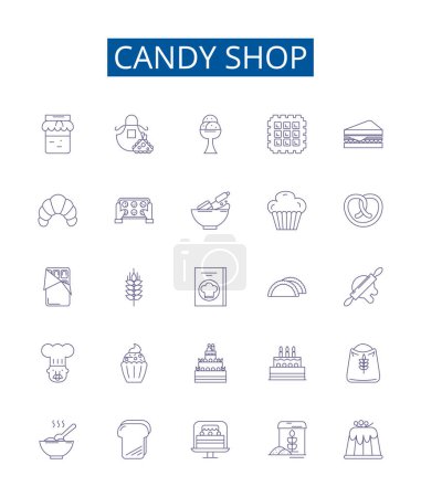 Caramelo línea de la tienda iconos conjunto de letreros. Diseño de la colección de dulces, tienda, dulces, azucarados, golosinas, confección, interdicto, espolvorea esbozar ilustraciones concepto vectorial