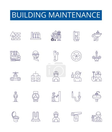 Illustration for Building maintenance line icons signs set. Design collection of Repair, Cleaning, Painting, Gardening, Mowing, Inspection, Testing, Replacement outline vector concept illustrations - Royalty Free Image