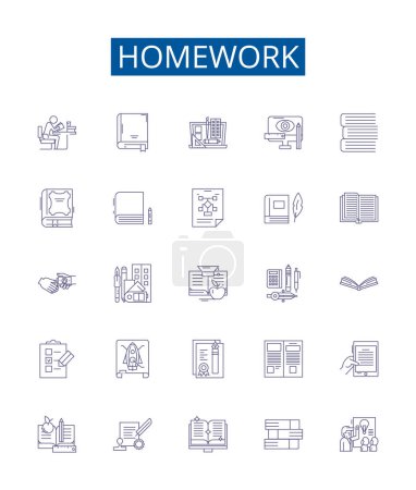 Illustration for Homework line icons signs set. Design collection of Studies, Assignments, Exercises, Tasks, Projects, Drills, Quizzes, Requirements outline vector concept illustrations - Royalty Free Image