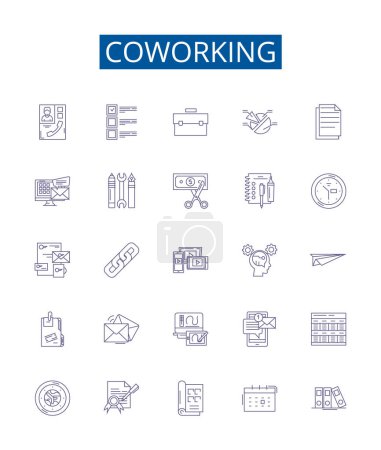 Illustration for Coworking line icons signs set. Design collection of Sharing, Networking, Office, Collaboration, Community, Rugged, Hot desking, Connecting outline vector concept illustrations - Royalty Free Image