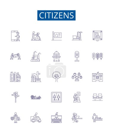 Illustration for Citizens line icons signs set. Design collection of Citizens, Population, Residents, Voters, Members, Individuals, Society, Congregation outline vector concept illustrations - Royalty Free Image