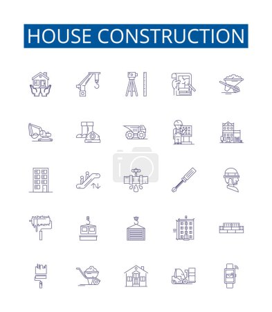 Illustration for House construction line icons signs set. Design collection of Building, Construction, Housebuilding, Erection, Raising, Assembly, Fabrication, Uniform outline vector concept illustrations - Royalty Free Image
