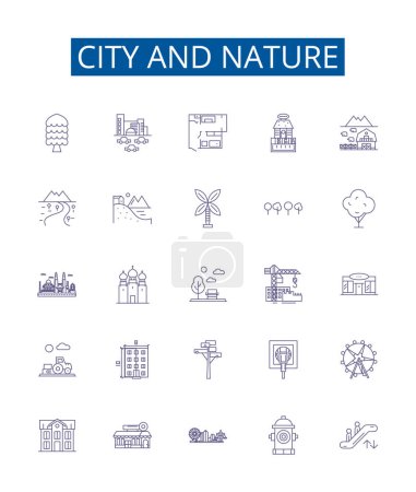 City and nature line icons signs set. Design collection of urban, rural, landscape, backdrop, locale, skyline, architecture, vegetation outline vector concept illustrations