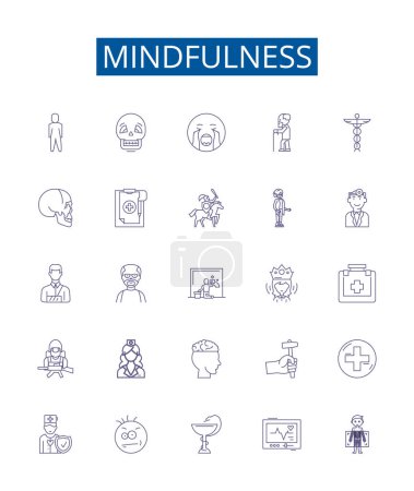 Illustration for Mindfulness line icons signs set. Design collection of Awareness, Concentration, Acceptance, Calm, Contemplation, Focus, Introspection, Non judgment outline vector concept illustrations - Royalty Free Image