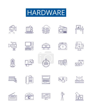 Illustration for Hardware line icons signs set. Design collection of Hardware, Components, Devices, CPUs, Motherboards, RAM, GPU, BIOS outline vector concept illustrations - Royalty Free Image