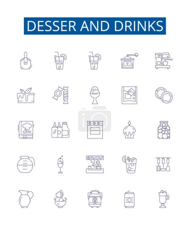 Illustration for Desser and drinks line icons signs set. Design collection of Dessert, Drinks, Cocktail, Sherbet, Cake, Frappe, Smoothie, Sorbet outline vector concept illustrations - Royalty Free Image