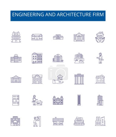 Engineering and architecture firm line icons signs set. Design collection of Engineering, Architecture, Firm, Consulting, Structural, Design, Construction, Facility outline vector concept