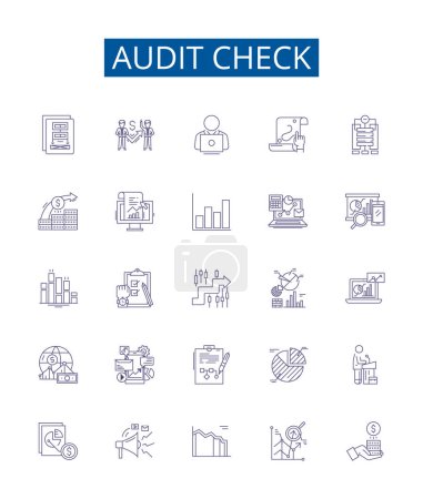 Illustration for Audit check line icons signs set. Design collection of Inspection, Assessing, Verifying, Evaluation, Examining, Monitoring, Scrutiny, Checking outline vector concept illustrations - Royalty Free Image