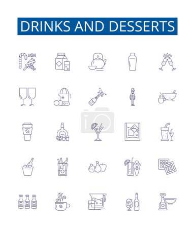 Illustration for Drinks and desserts line icons signs set. Design collection of Cocktails, Beverages, Juices, Smoothies, Beer, Wine, Soup, Pasta outline vector concept illustrations - Royalty Free Image