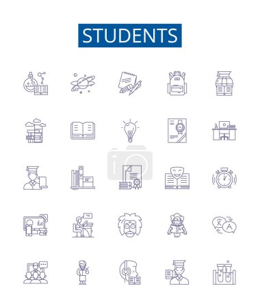 Téléchargez les illustrations : Les élèves alignent les icônes signes ensemble. Collection de conception d'étudiants, apprenants, élèves, éducateurs, universitaires, académiciens, campus, illustrations vectorielles de contour de classe - en licence libre de droit