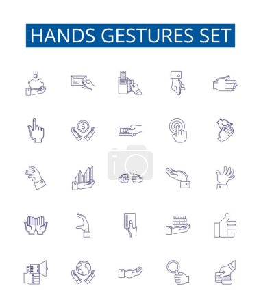 Téléchargez les illustrations : Les gestes des mains définissent les icônes de la ligne les signes sont définis. Collection design d'illustrations vectorielles de contours gesticulés, ondulés, pointant, saisissant, serrant, signalant, florissant, léchant - en licence libre de droit