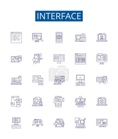 Ilustración de Línea de interfaz iconos signos establecidos. Diseño de la colección de interfaz, gráfico, usuario, interfaz gráfica, kit de herramientas, software, red, esquema de protocolo concepto vectorial ilustraciones - Imagen libre de derechos