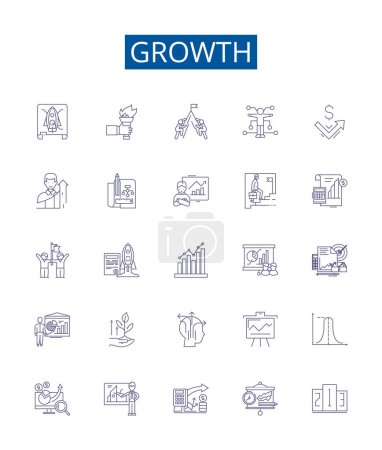Illustration for Growth line icons signs set. Design collection of Expansion, Advancement, Rise, Increment, Heighten, Develop, Increase, Amplify outline vector concept illustrations - Royalty Free Image