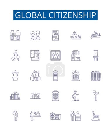 Illustration for Global citizenship line icons signs set. Design collection of International, Humanitarian, Diversity, Stewardship, Justice, Inclusion, Equality, Awareness outline vector concept illustrations - Royalty Free Image