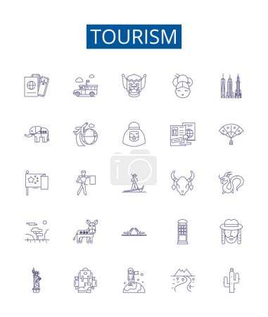 Illustration for Tourism line icons signs set. Design collection of Travel, Sightseeing, Holiday, Vacation, Adventure, Hotels, Exploring, Trips outline vector concept illustrations - Royalty Free Image