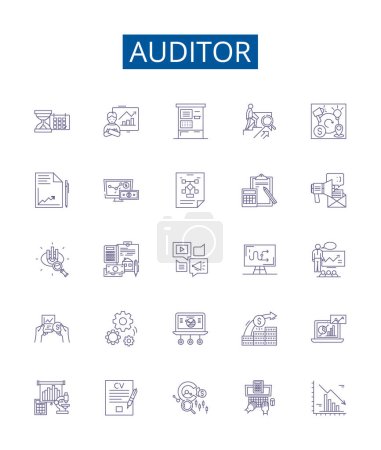 Illustration for Auditor line icons signs set. Design collection of Auditor, Assessor, Examiner, Inspector, Analyzer, Reviewer, Checker, Evaluator outline vector concept illustrations - Royalty Free Image