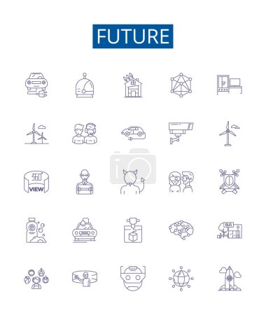 Illustration for Future line icons signs set. Design collection of Futurity, Prospect, Later, Outlook, Foresee, Destiny, Coming, Endure outline vector concept illustrations - Royalty Free Image