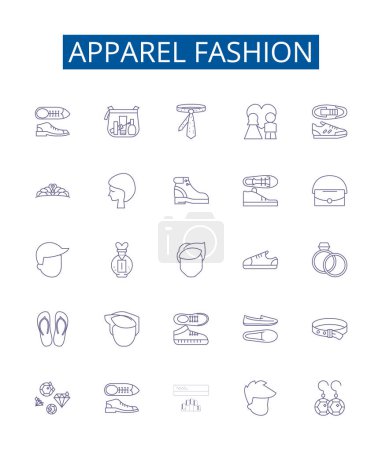 Illustration for Apparel fashion line icons signs set. Design collection of Clothing, Footwear, Accessories, garments, trendy, fashionista, fabric, design outline vector concept illustrations - Royalty Free Image