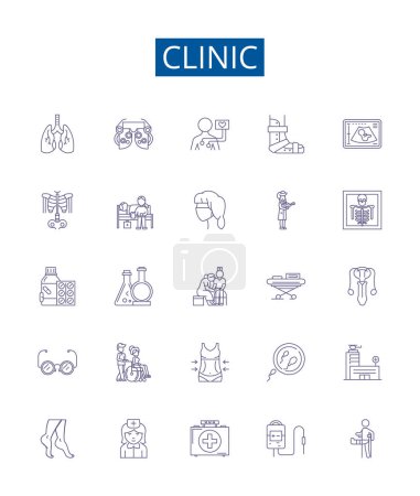 Illustration for Clinic line icons signs set. Design collection of clinic, health, center, hospital, medical, care, health care, doctor outline vector concept illustrations - Royalty Free Image