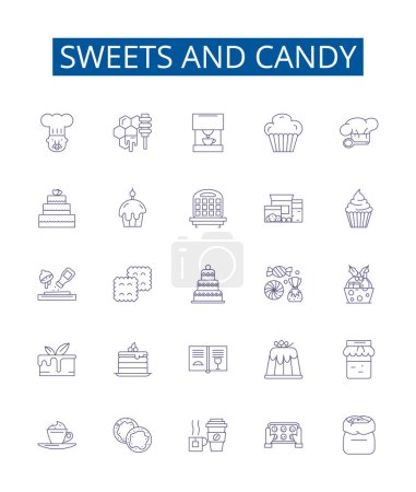 Illustration for Sweets and candy line icons signs set. Design collection of Confectionery, Lollies, Sweets, Candy, Treats, Chocolates, Caramels, Fudge outline vector concept illustrations - Royalty Free Image