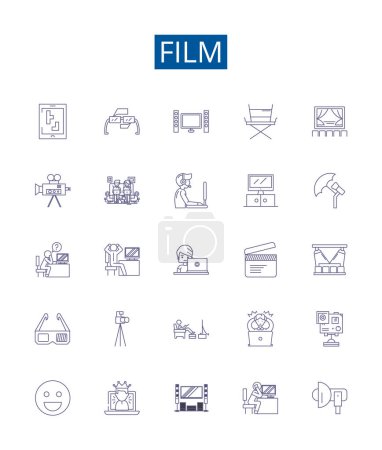 Illustration for Film line icons signs set. Design collection of Movie, Cinema, Production, Picture, Blockbuster, Story, Reel, Show outline vector concept illustrations - Royalty Free Image