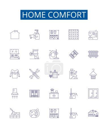 Illustration for Home comfort line icons signs set. Design collection of Homely, Cozy, Cosy, Relaxing, Comfy, Homey, Serene, Tranquil outline vector concept illustrations - Royalty Free Image