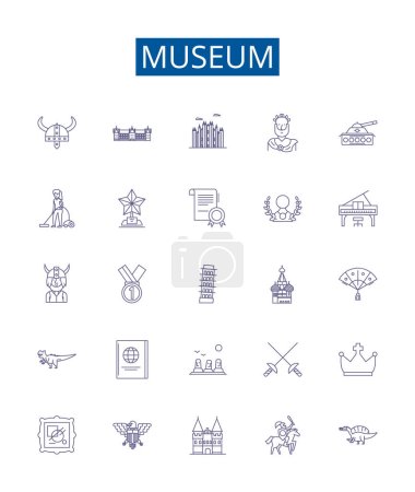 Illustration for Museum line icons signs set. Design collection of Gallery, Monument, Archive, Exhibit, Collection, Obelisk, Exhibition, Relics outline vector concept illustrations - Royalty Free Image