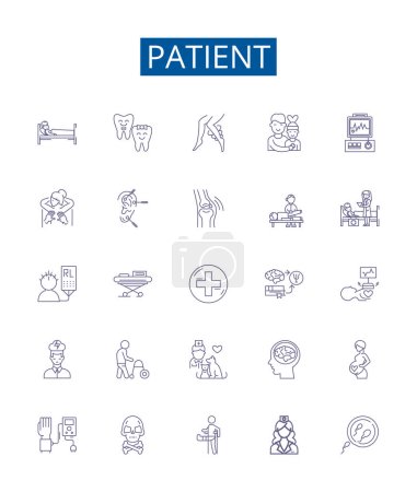Illustration for Patient line icons signs set. Design collection of Patient, Caregiver, Hypochondriac, Chronically ill, Bedridden, Clinician, Prone, Recovering outline vector concept illustrations - Royalty Free Image