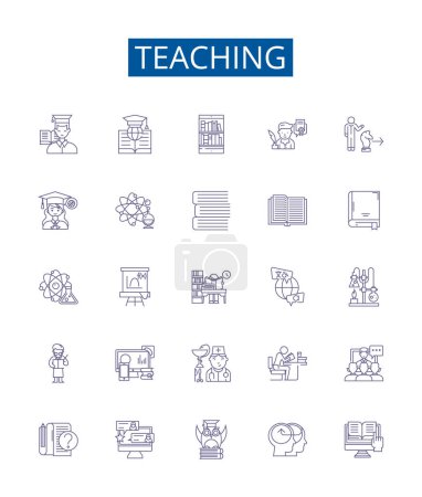Illustration for Teaching line icons signs set. Design collection of Instructing, Educating, Tutoring, Guiding, Coaching, Mentoring, Schooling, Directing outline vector concept illustrations - Royalty Free Image