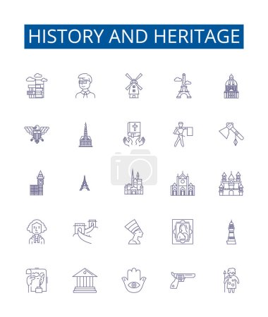 Illustration for History and heritage line icons signs set. Design collection of Heritage, History, Culture, Ancestry, Tradition, Legacy, Memory, Ancestors outline vector concept illustrations - Royalty Free Image
