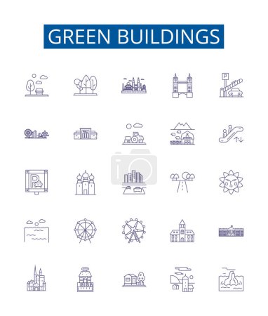 Illustration for Green buildings line icons signs set. Design collection of Ecological, Sustainable, Renewable, Efficiency, Low Carbon, Recyclable, Construct, Insulation outline vector concept illustrations - Royalty Free Image
