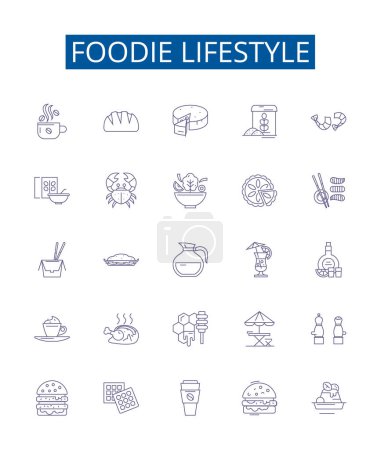 Illustration for Foodie lifestyle line icons signs set. Design collection of Gourmet, Cuisine, Binging, Dieting, Cooking, Eating, Grazing, Feasting outline vector concept illustrations - Royalty Free Image