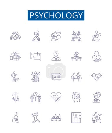 Línea de psicología iconos signos establecidos. Diseño de la colección de Psicología, Mente, Cerebro, Emociones, Comportamiento, Cognición, Desarrollo, Personalidad esquema vector concepto ilustraciones