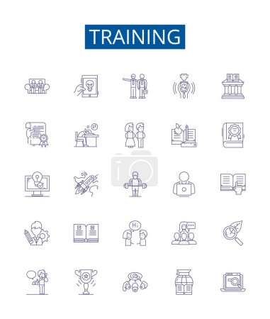 Illustration for Training line icons signs set. Design collection of Education, Coaching, Tuition, Learning, Drilling, Instruction, Tutoring, Exercise outline vector concept illustrations - Royalty Free Image