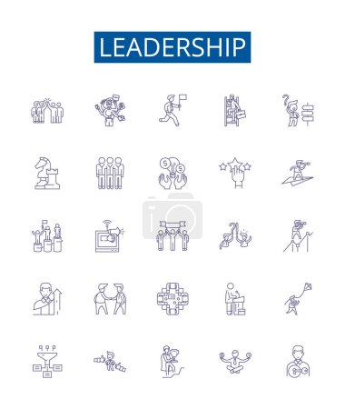 Illustration for Leadership line icons signs set. Design collection of Leadership, Managerial, Authority, Guidance, Inspiring, Visionary, Motivating, Directing outline vector concept illustrations - Royalty Free Image