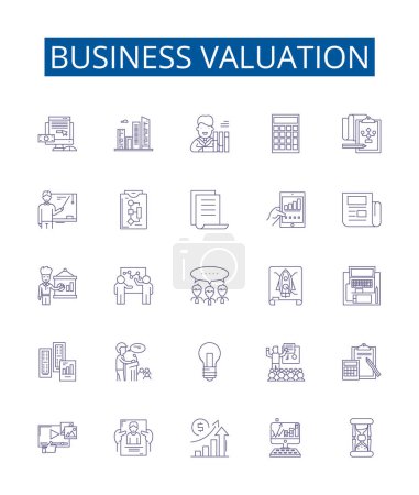 Illustration for Business valuation line icons signs set. Design collection of Valuation, Business, Asset, Liability, Cashflow, Equity, Profit, Market outline vector concept illustrations - Royalty Free Image
