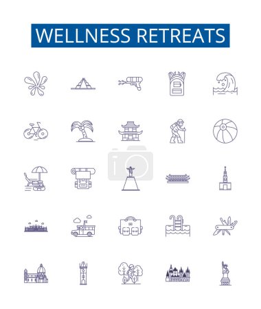 Illustration for Wellness retreats line icons signs set. Design collection of Wellbeing, Retreats, Relaxation, Health, Rejuvenation, Vacation, Nature, Yoga outline vector concept illustrations - Royalty Free Image