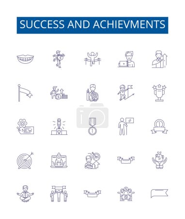Illustration for Success and achievments line icons signs set. Design collection of Achievement, Success, Accomplishment, Prize, Triumph, Victory, Honor, Fruition outline vector concept illustrations - Royalty Free Image