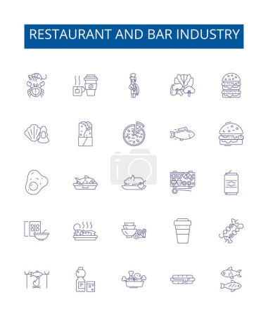 Illustration for Restaurant and bar industry line icons signs set. Design collection of Restaurant, Bar, Industry, Dining, Cuisine, Meal, Food, Service outline vector concept illustrations - Royalty Free Image