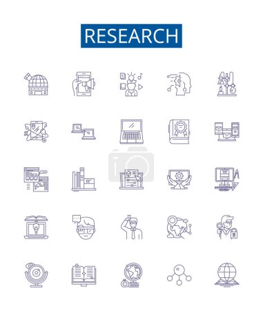 Illustration for Research line icons signs set. Design collection of Investigate, Analyze, Probe, Study, Examine, Assess, Explore, Investigate outline vector concept illustrations - Royalty Free Image
