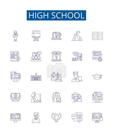 Illustration for High school line icons signs set. Design collection of Education, Academy, School, Learning, Secondary, Diploma, Classroom, Teenagers outline vector concept illustrations - Royalty Free Image