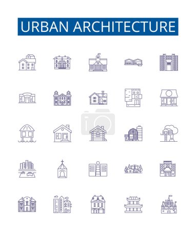Illustration for Urban architecture line icons signs set. Design collection of Urbanity, Architecture, Buildings, Skyscrapers, Townhouses, High rises, Cities, Yards outline vector concept illustrations - Royalty Free Image
