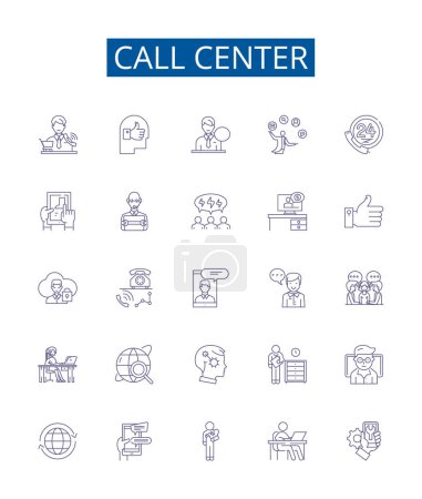 Téléchargez les illustrations : Les icônes du centre d'appel sont réglées. Collection de conception de centre d'appels, centre d'appels, opérateur de centre d'appels, télémarketing, messagerie vocale, chat en direct, support, illustrations de concept vectoriel de contour d'agent - en licence libre de droit